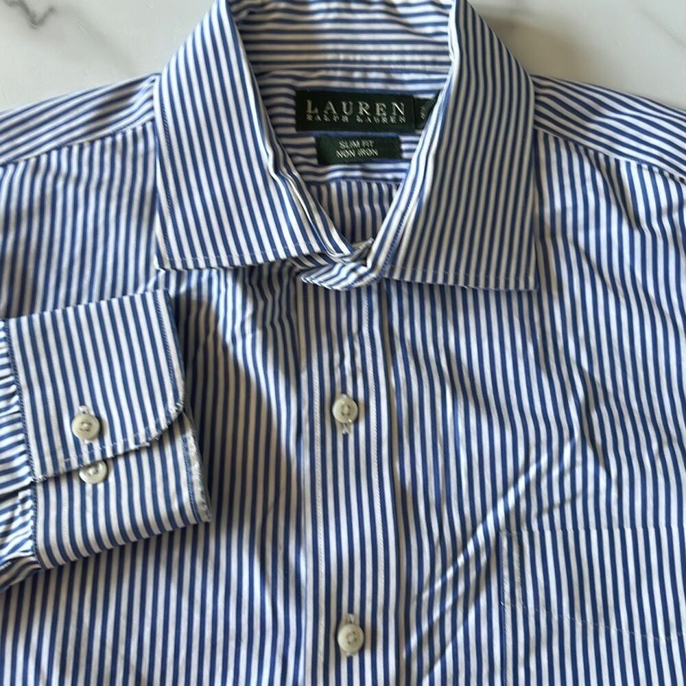 Lauren Ralph Lauren Slim Fit Non Iron Striped Spread Collar Dress Shirt Mens 16.
